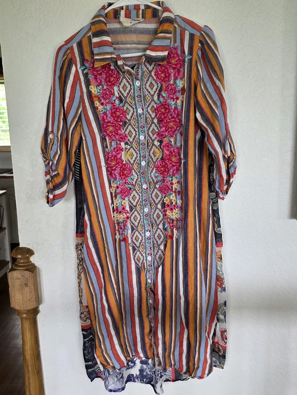 Savanna Jane Multicolor Striped Midi Dress with Pink Floral Embroidery